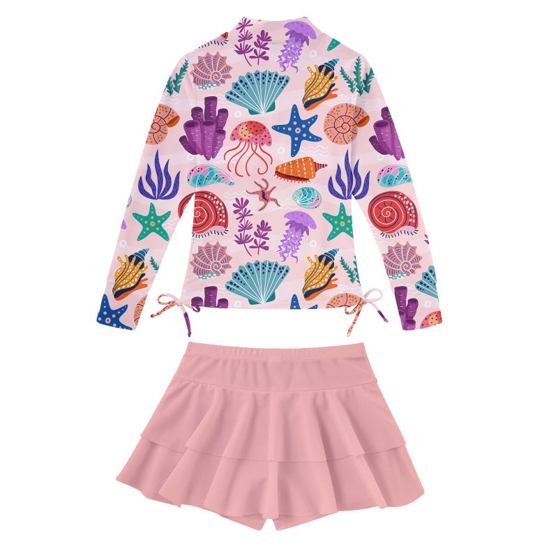 Vogseek Girls' Tankini Swimsuit 3t 4t Rash Guard 2 Pieces Swimwear for Girls Pink Starfish Bikini 3-4 Years Old Cover Up Toddler Girl Rashguard Long Sleeve Beachwear Half Zipper Bathing Suits for Kids - Image 2