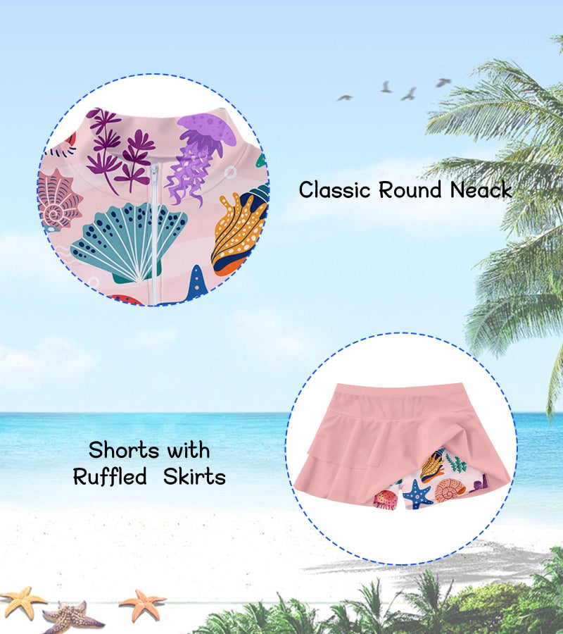 Vogseek Girls' Tankini Swimsuit 3t 4t Rash Guard 2 Pieces Swimwear for Girls Pink Starfish Bikini 3-4 Years Old Cover Up Toddler Girl Rashguard Long Sleeve Beachwear Half Zipper Bathing Suits for Kids - Image 3