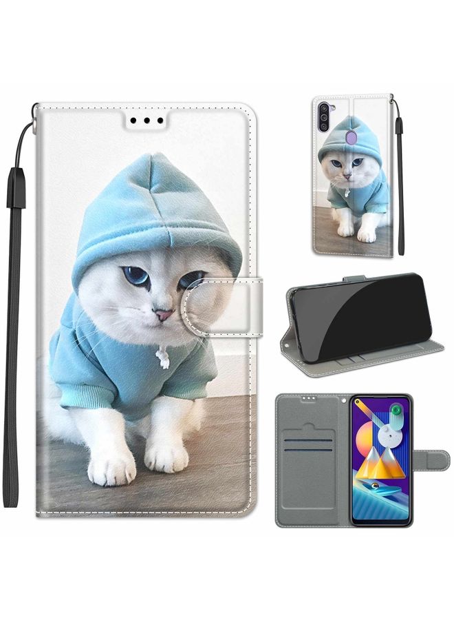 Case Cover For Samsung Galaxy M11 / M11 EU Version Voltage Colored Drawing Magnetic Clasp Horizontal Flip PU Leather Case with Holder & Card Slots C15 Blue Sweater White Cat