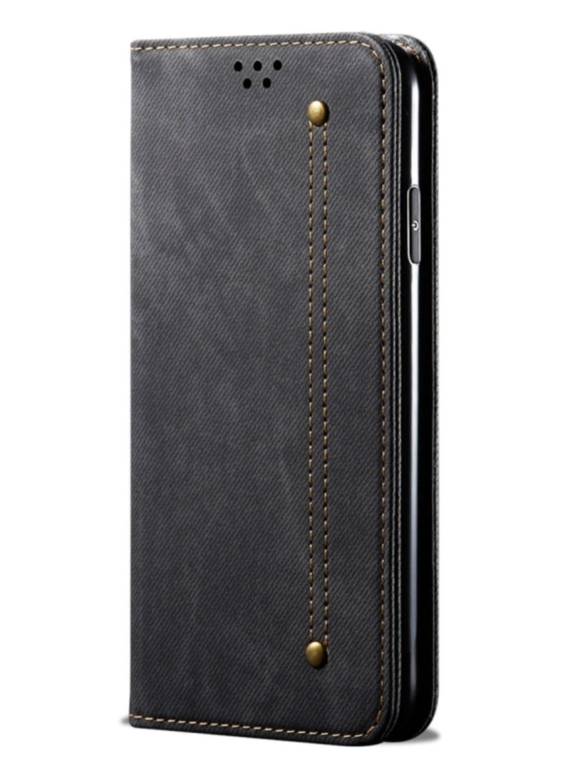 ماركة غير محددة حافظة لهاتف اوبو A78 4G من قماش الدنيم بتصميم كاجوال وغطاء جلدي قابل للطي أفقيًا باللون الأسود  - Image 2
