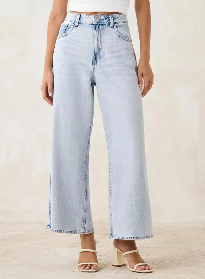 Wide Leg Mid Rise Jeans Cotton