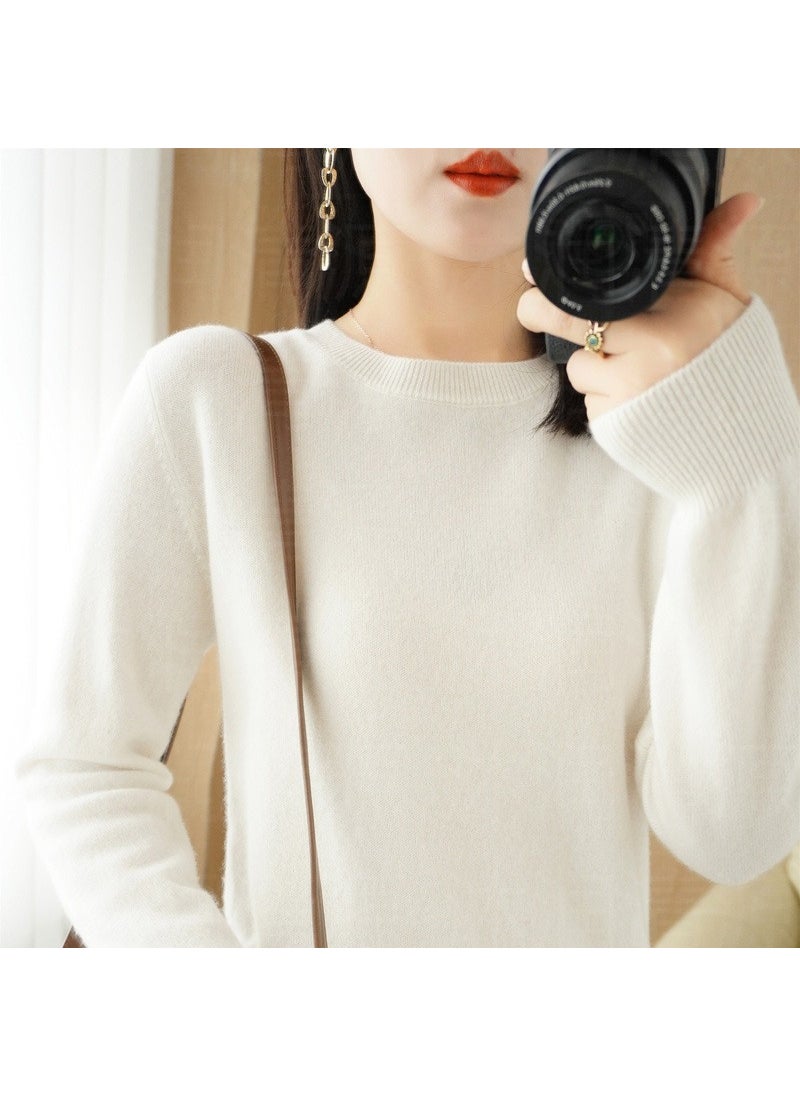 Generic - Womens Autumn/Winter Knitted Sweater Pullover Thin Non-Wool Base Layer Round Neck Top New Style Fashionable Streetwear White sweater - Image 1