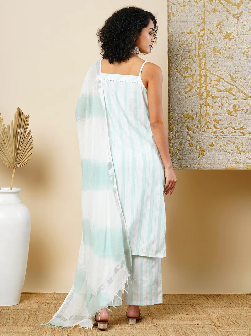 globus Women Striped Regular Kurta With Trousers & With Dupatta