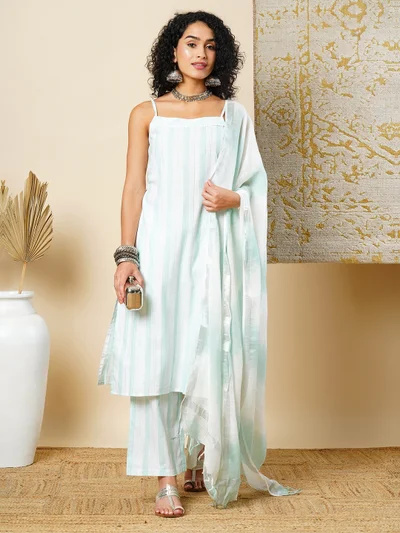 globus Women Striped Regular Kurta With Trousers & With Dupatta