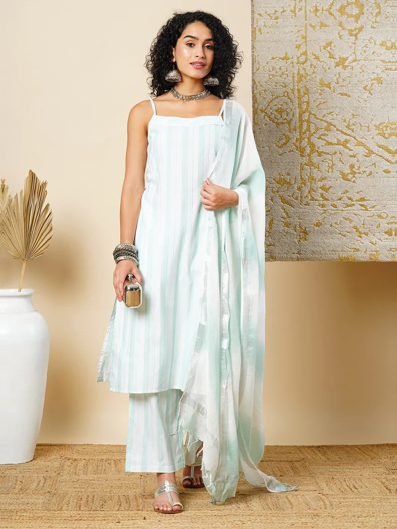 globus Women Striped Regular Kurta With Trousers & With Dupatta
