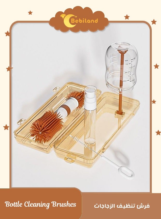 Bebiland Portable Silicone Baby Bottle Brush Set for Baby, Newborn  Baby Bottles Brush Set, Include Silicone Bottle Brush, Silicone Nipple Brush, Straw Brush, Soap Dispenser and Storage Box, Travel Bottle Cleaner Brush, Suit for  for Travel and Home (Yellow) - Image 1