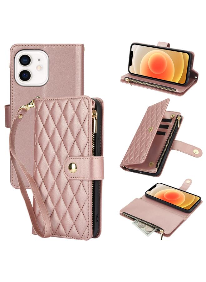 زبون جراب هاتف iPhone 12 / 12 Pro YM016 محفظة بطاقات بسحاب معيني الشكل من الجلد مع حبل - Image 1