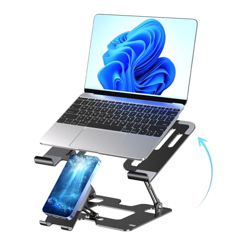 Lajou Ergonomic 2-in-1 Laptop Phone Stand for Desk, Adjustable Riser, Sturdy and Portable, Fits All Laptops and Phone (Black) - Image 1