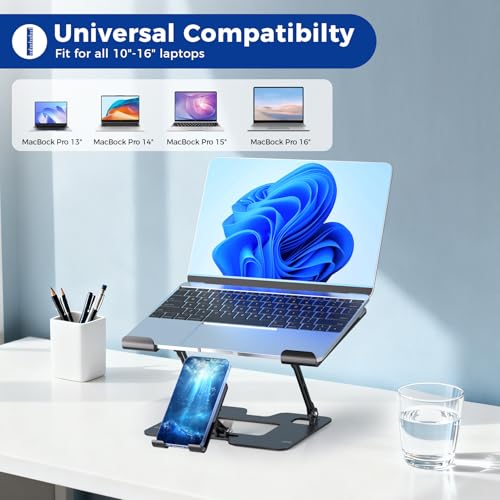 Lajou Ergonomic 2-in-1 Laptop Phone Stand for Desk, Adjustable Riser, Sturdy and Portable, Fits All Laptops and Phone (Black) - Image 2