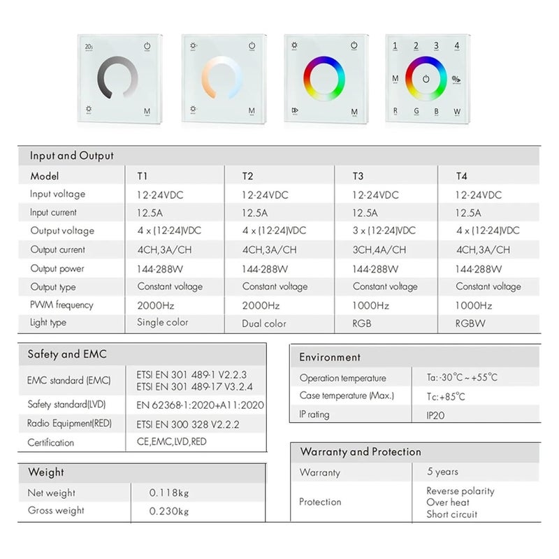 1PCS DC12V 24V Wall-Mounted Touch Screen LED Controller with dimmable 2.4G Remote Control for 5050 Monochrome/CCT/RGB/RGBW Light Strips(RT7 Remote) - Image 4