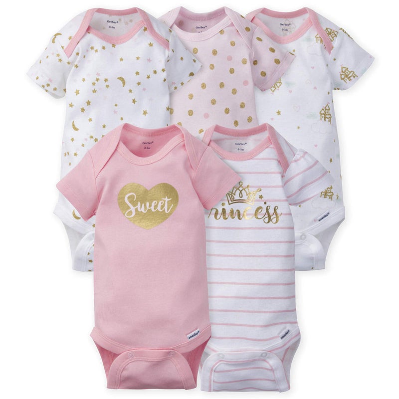 Gerber Baby Girls 5-Pack Short Sleeve Variety Onesies Bodysuits Princess Arrival Newborn - Image 1