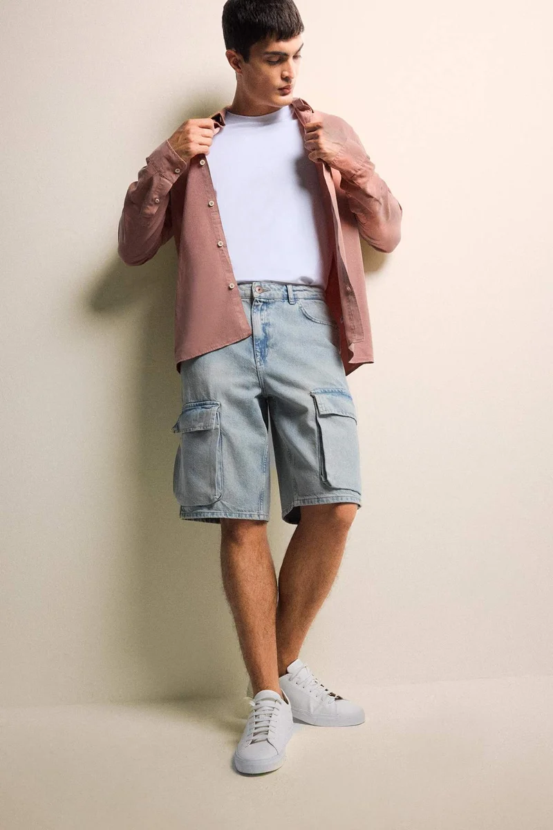 DeFacto Baggy Fit Cargo Denim Cotton Bermuda Shorts