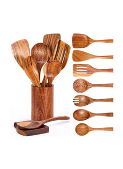 XICEN 9 Piece Natural Teak Wooden Kitchen Utensil Set with Spoon Rest - Comfort Grip Cooking Spoons and Utensils Holder  - Image 1