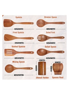 XICEN 9 Piece Natural Teak Wooden Kitchen Utensil Set with Spoon Rest - Comfort Grip Cooking Spoons and Utensils Holder  - Image 2