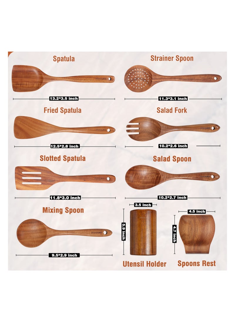 XICEN 9 Piece Natural Teak Wooden Kitchen Utensil Set with Spoon Rest - Comfort Grip Cooking Spoons and Utensils Holder  - Image 2