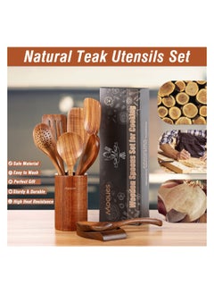XICEN 9 Piece Natural Teak Wooden Kitchen Utensil Set with Spoon Rest - Comfort Grip Cooking Spoons and Utensils Holder  - Image 3
