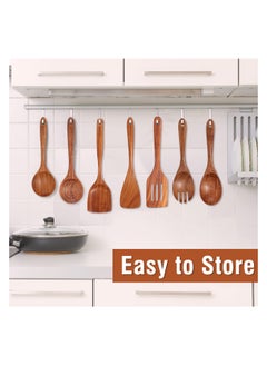 XICEN 9 Piece Natural Teak Wooden Kitchen Utensil Set with Spoon Rest - Comfort Grip Cooking Spoons and Utensils Holder  - Image 4
