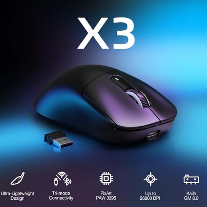 rayihni X3 LIGHTWEIGHT WIRELESS GAMING MOUSE WITH TRI-MODE 2.4G/USB-C WIRED/BLUETOOTH,UP TO 26K DPI, PAW3395 OPTICAL SENSOR,KAILH GM8.0 SWITCH,5 PROGRAMMABLE BUTTONS FOR PC/WIN/MAC(BLACK) - Image 2