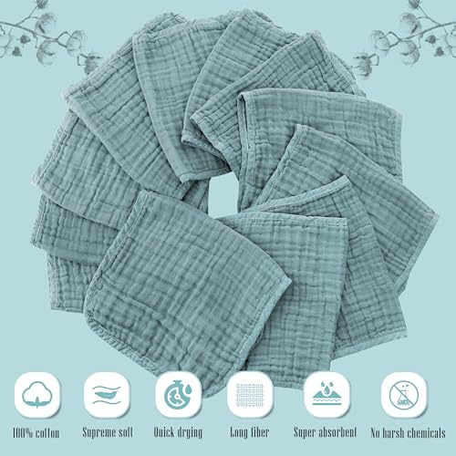 Cute Castle 12 Pack Muslin Burp Cloths for Baby - Ultra-Soft 100% Cotton Baby Washcloths - Large 20'' by 10'' Super Absorbent Milk Spit Up Rags - Burpy Cloths for Unisex, Boy, Girl - Dark Green - Image 2