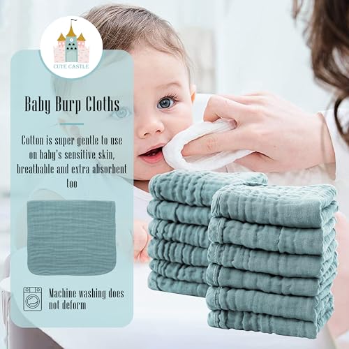 Cute Castle 12 Pack Muslin Burp Cloths for Baby - Ultra-Soft 100% Cotton Baby Washcloths - Large 20'' by 10'' Super Absorbent Milk Spit Up Rags - Burpy Cloths for Unisex, Boy, Girl - Dark Green - Image 3