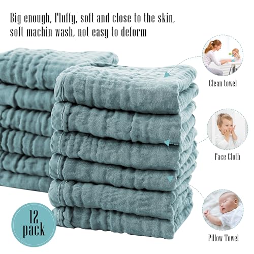 Cute Castle 12 Pack Muslin Burp Cloths for Baby - Ultra-Soft 100% Cotton Baby Washcloths - Large 20'' by 10'' Super Absorbent Milk Spit Up Rags - Burpy Cloths for Unisex, Boy, Girl - Dark Green - Image 5