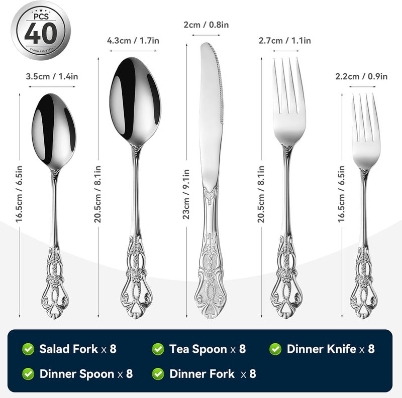 Poylim Silverware Set Service for 8 40Piece Premium Stainless Steel Flatware Set Includes Fork Spoon Knife Gorgeous Cutlery Set AntiRust Kitchen Utensils Set Silver Poylim - Image 2