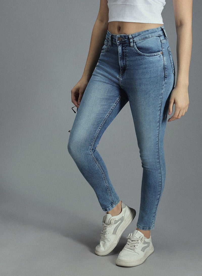 HIGH STAR Women's Indigo Cotton Blend Bleached Full Length Skinny Jeans - Image 2