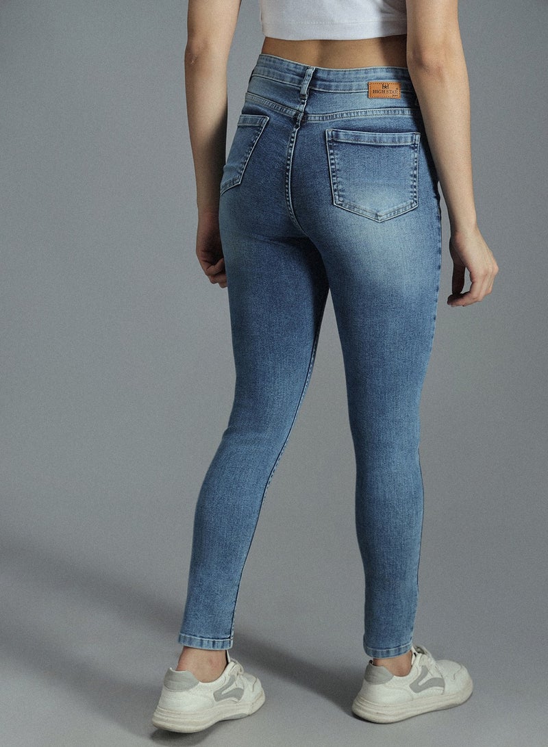 HIGH STAR Women's Indigo Cotton Blend Bleached Full Length Skinny Jeans - Image 5