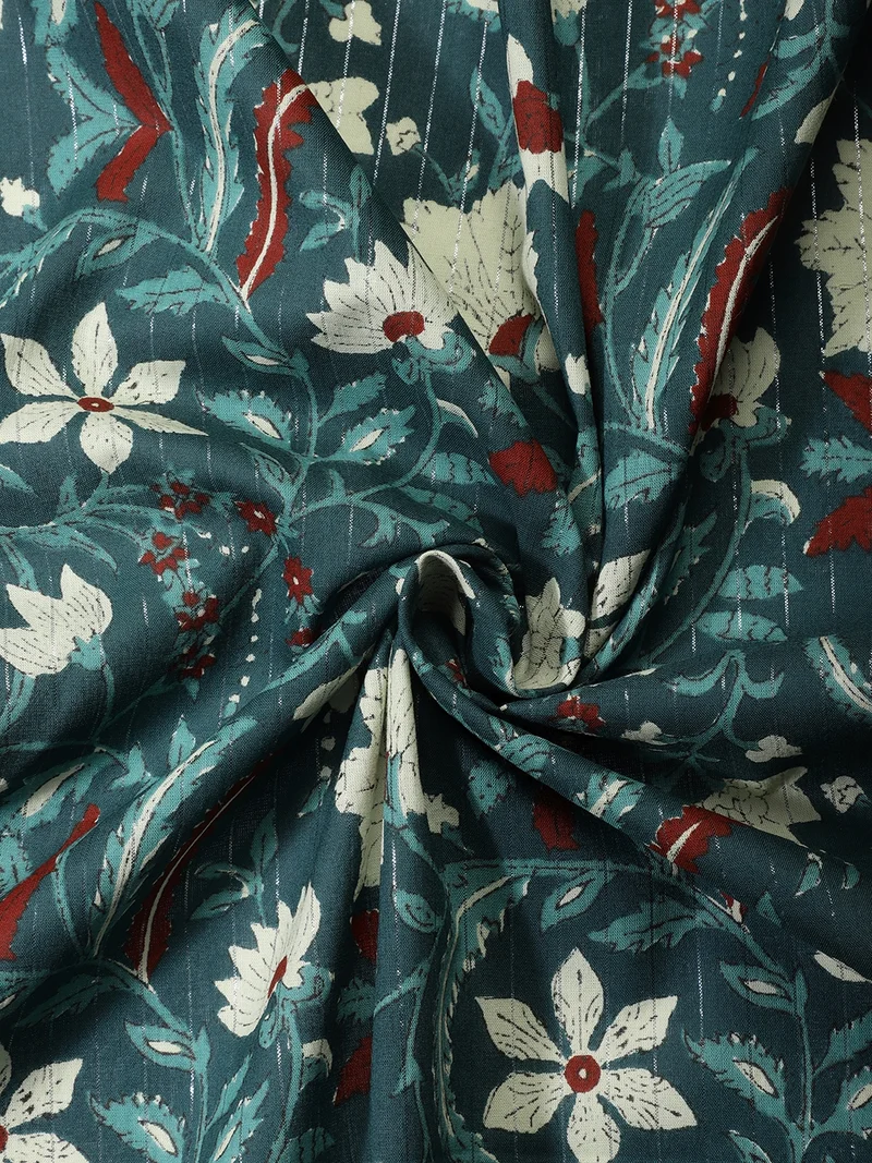 أيه كيه إس Teal Floral Fabric With Silver Stripes