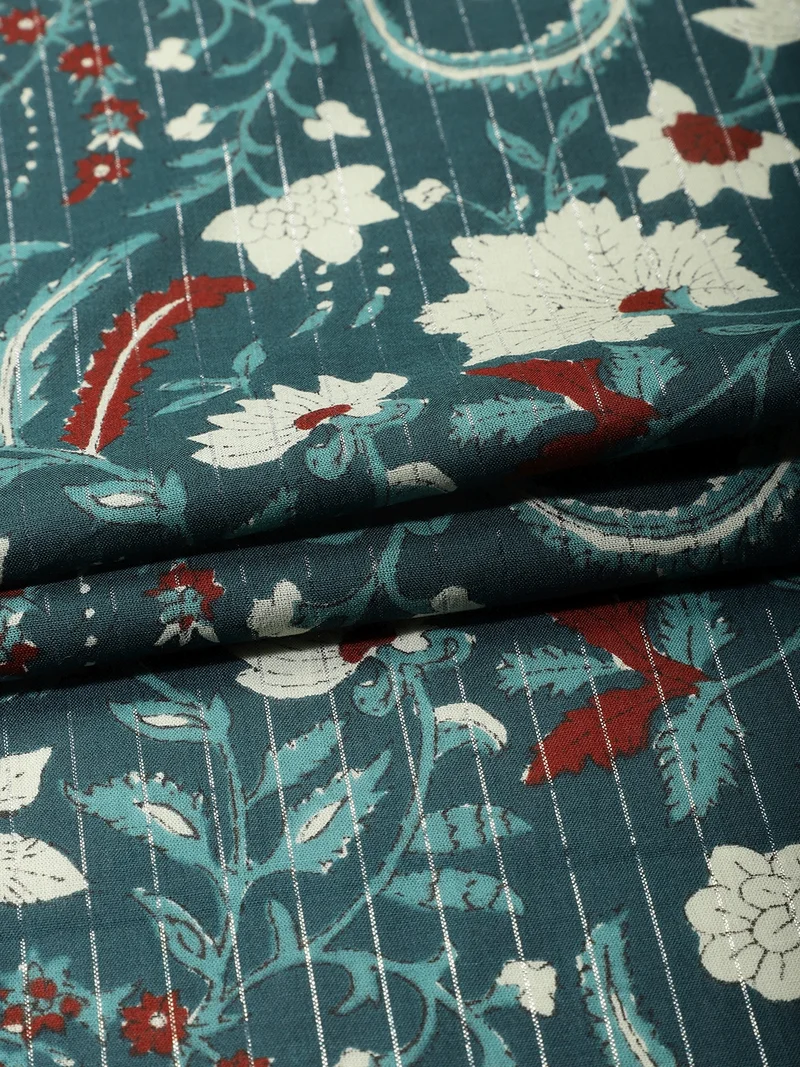 أيه كيه إس Teal Floral Fabric With Silver Stripes
