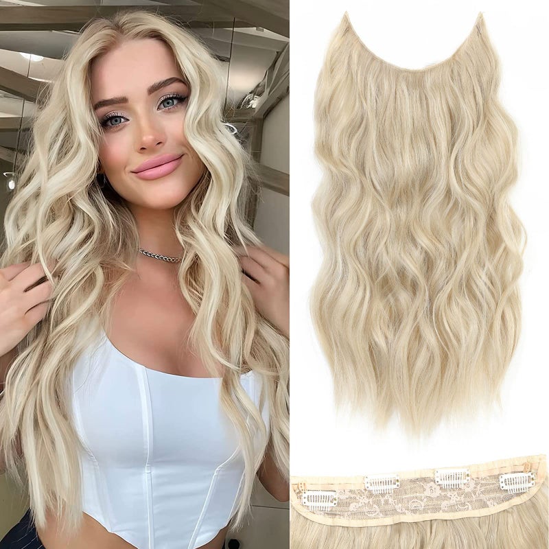 BUPPLER Halo Hair Extensions 20 Inch Invisible Wire Hair Extensions Adjustable Long Wavy Hairpiece Synthetic Upgrade 4 Secure Clips in Hairpieces 20 Inch,Blonde Mix Platinum Blonde - Image 3