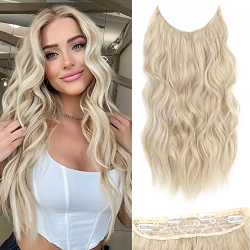 BUPPLER Halo Hair Extensions 20 Inch Invisible Wire Hair Extensions Adjustable Long Wavy Hairpiece Synthetic Upgrade 4 Secure Clips in Hairpieces 20 Inch,Blonde Mix Platinum Blonde - Image 1