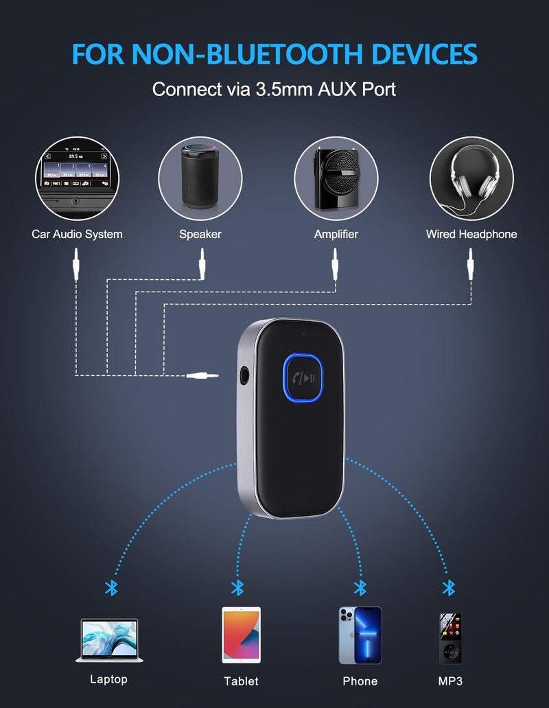 Babacom Bluetooth Receiver, Car Bluetooth Aux Adapter, Noise Cancelled 3.5mm Aux Bluetooth 5.3 Stereo Amplifiers Receiver for Stereo/Speakers/Wired Headphones, Hands-free Calls (16H Standby/Dual Link) - Image 2