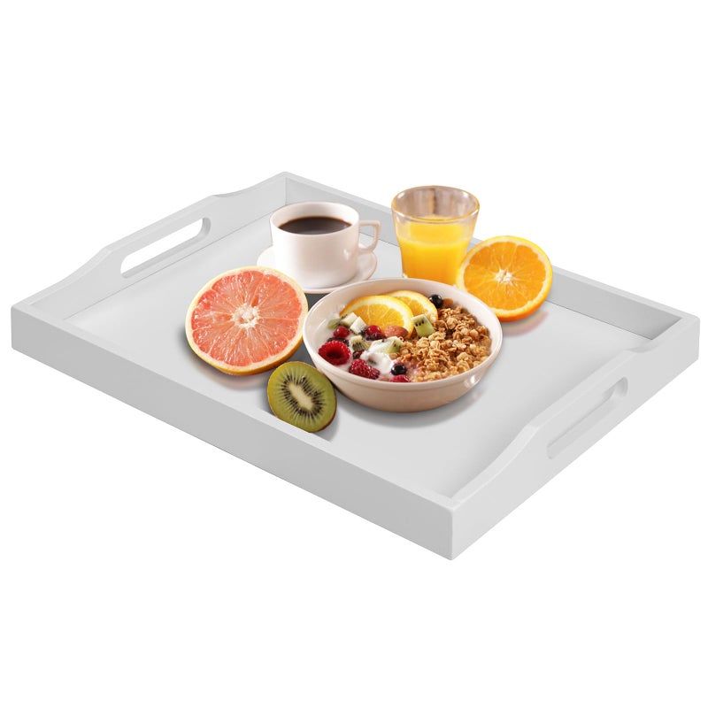 RRX Bamboo Food Serving Tray with Handles, Breakfast Bed Tray for Tea,Snack,Dinner, Home Decorative Storage Food, Platter, Ottoman for Kitchen Counter, Bathroom, Restaurant (White) - Image 1