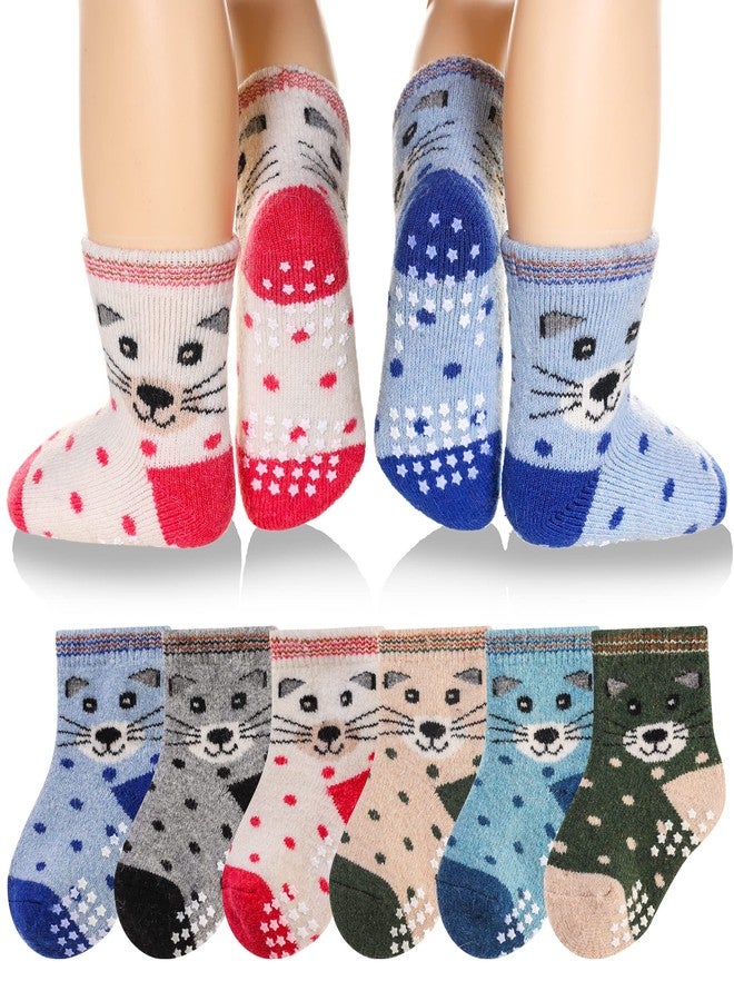 Eyean Baby Wool Grip Sock Soft Winter Warm Thick Non Slip Toddler Boy Girls Crew Socks For Children 6 Pairs, Cat-b, 3-5T - Image 1