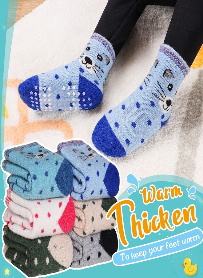 Eyean Baby Wool Grip Sock Soft Winter Warm Thick Non Slip Toddler Boy Girls Crew Socks For Children 6 Pairs, Cat-b, 3-5T - Image 2