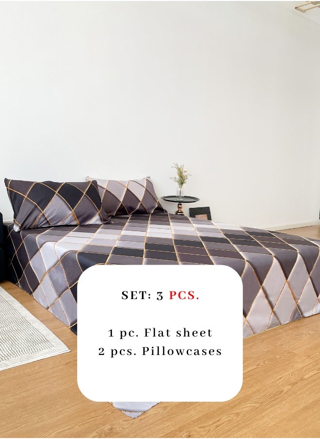 LUNA Home 3 Pieces Flat Bedsheet Set, Grey Rhombs Design.  - Image 3