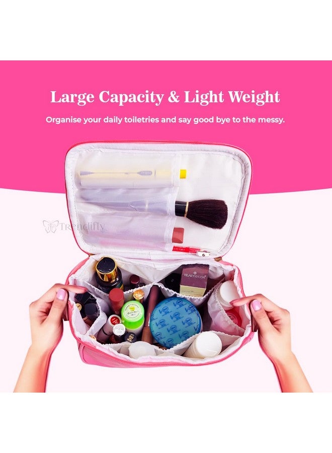 Trendifly Elegant Travel Makeup Bag for Women Girls | Cosmetic Makeup Brush Case Organiser for Girls Travel Toiletry and Lingerie Storage Organiser Pouch | Makeup Travel Essential (Pink) - Image 2