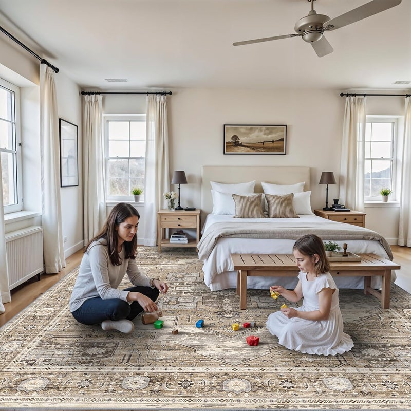 RUUGME Washable 12x12 Area Rug - Large Vintage Area Rugs with Non Slip Backing Stain Resistant Carpet for Bedroom Dining Room Indoor Soft Carpets Home Decor Decoration Mat 12x12 Beige - Image 2
