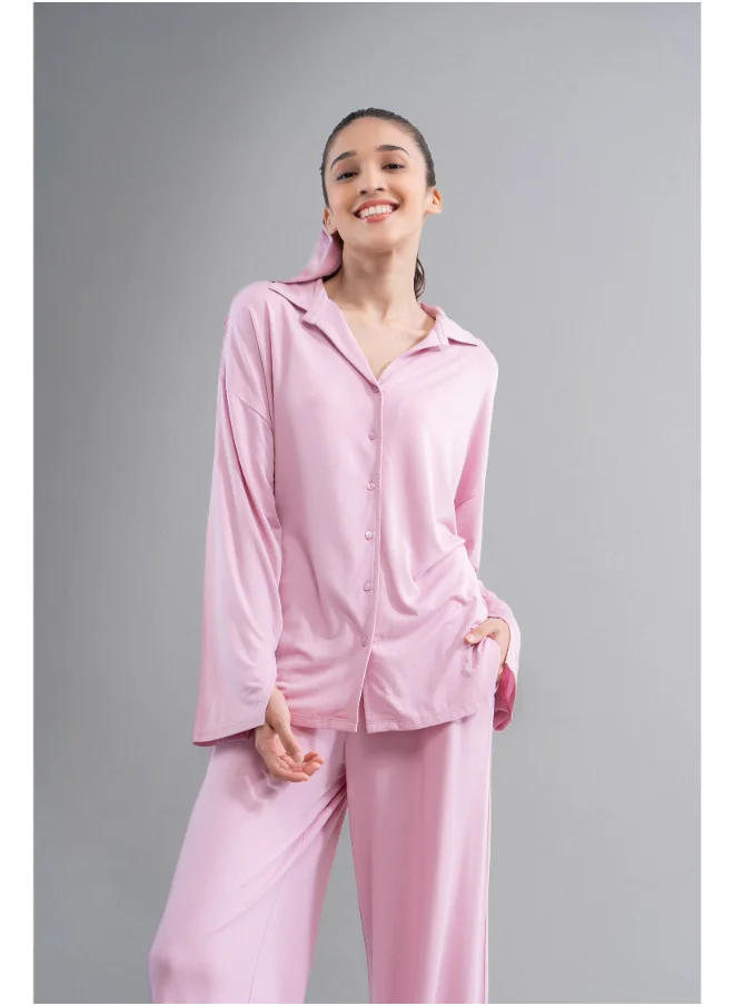 نسيسير Deep Pink Modal Button Down Shirt With Slit