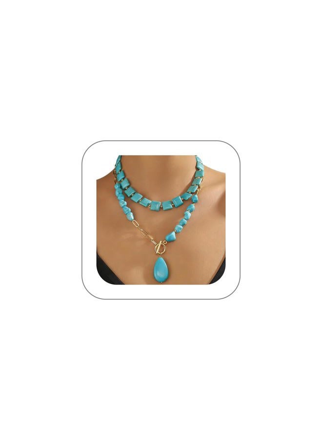 GIGB PBDK Boho Western Necklaces for Women,Turquoise Beaded Layered Necklaces Vintage Cow Cactus Pendant Choker Necklace Set,Cowgirl Jewelry Accessories Gifts, Large, Zinc, Turquoise - Image 1