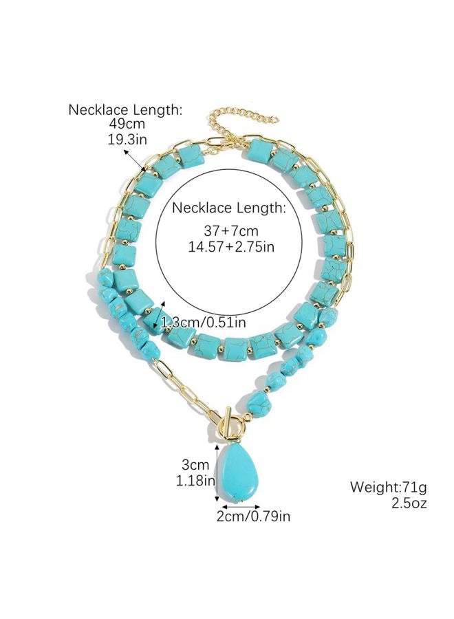 GIGB PBDK Boho Western Necklaces for Women,Turquoise Beaded Layered Necklaces Vintage Cow Cactus Pendant Choker Necklace Set,Cowgirl Jewelry Accessories Gifts, Large, Zinc, Turquoise - Image 3