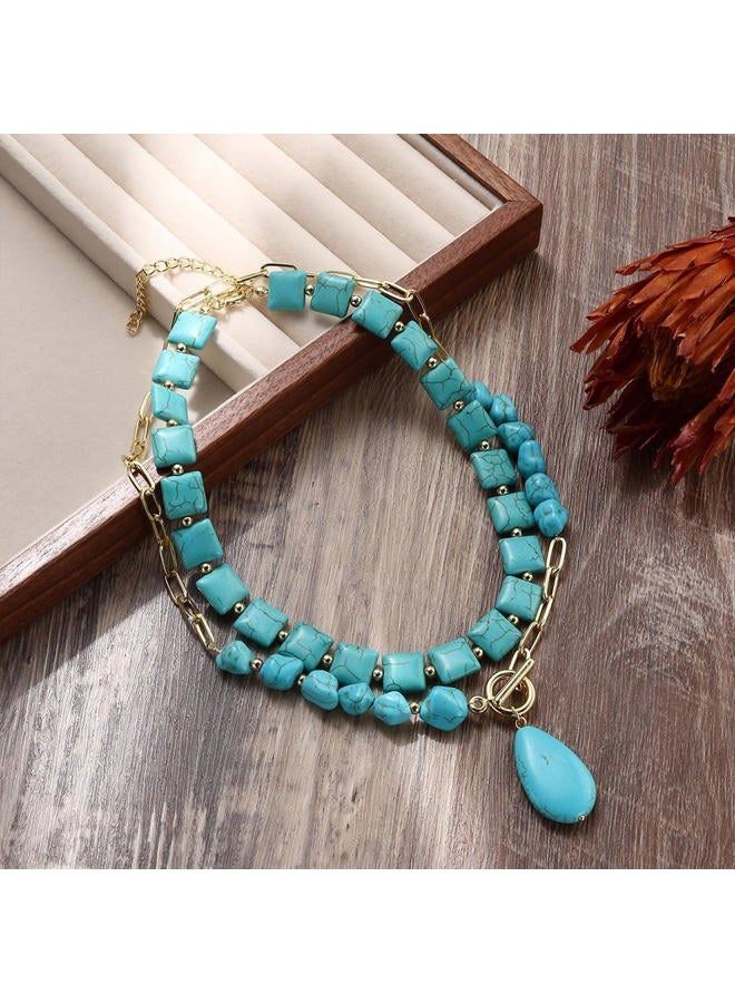 GIGB PBDK Boho Western Necklaces for Women,Turquoise Beaded Layered Necklaces Vintage Cow Cactus Pendant Choker Necklace Set,Cowgirl Jewelry Accessories Gifts, Large, Zinc, Turquoise - Image 4