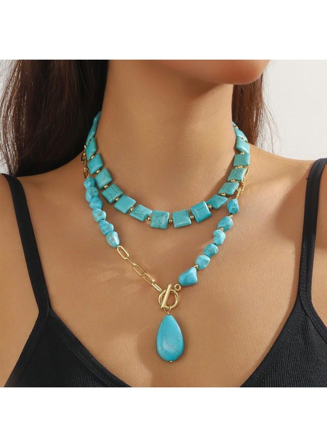 GIGB PBDK Boho Western Necklaces for Women,Turquoise Beaded Layered Necklaces Vintage Cow Cactus Pendant Choker Necklace Set,Cowgirl Jewelry Accessories Gifts, Large, Zinc, Turquoise - Image 2