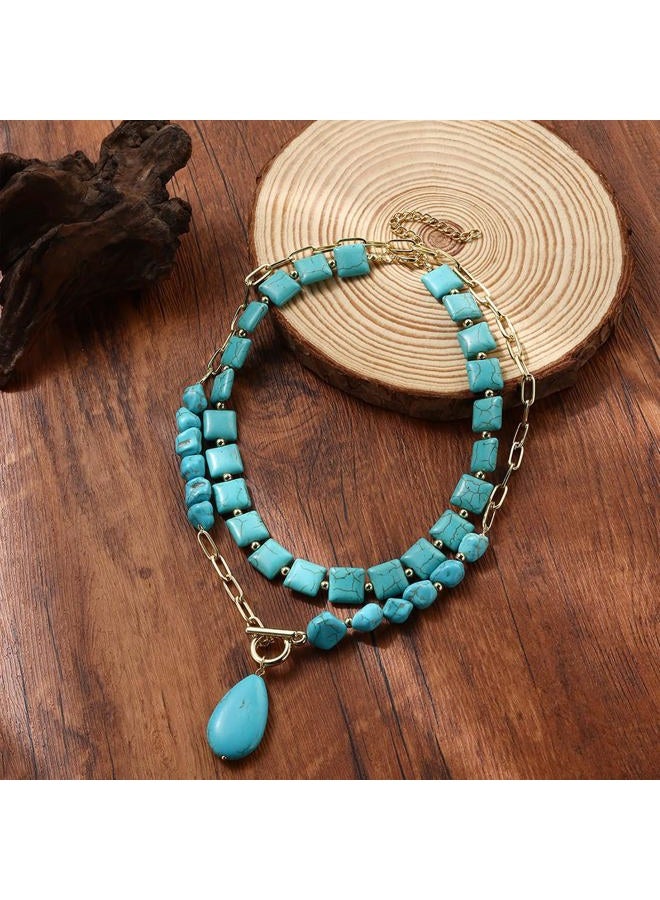 GIGB PBDK Boho Western Necklaces for Women,Turquoise Beaded Layered Necklaces Vintage Cow Cactus Pendant Choker Necklace Set,Cowgirl Jewelry Accessories Gifts, Large, Zinc, Turquoise - Image 5