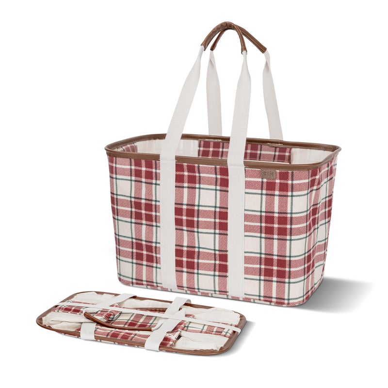 CleverMade Collapsible LUXE Tote 20L / 5 Gal, Pack of 1 Red & White Tartan Plaid Reusable Bag for Utility Grocery Shopping, Storage Organizer & Seasonal Presents, Soft-Carry Handles & Reinforced Base - Image 1