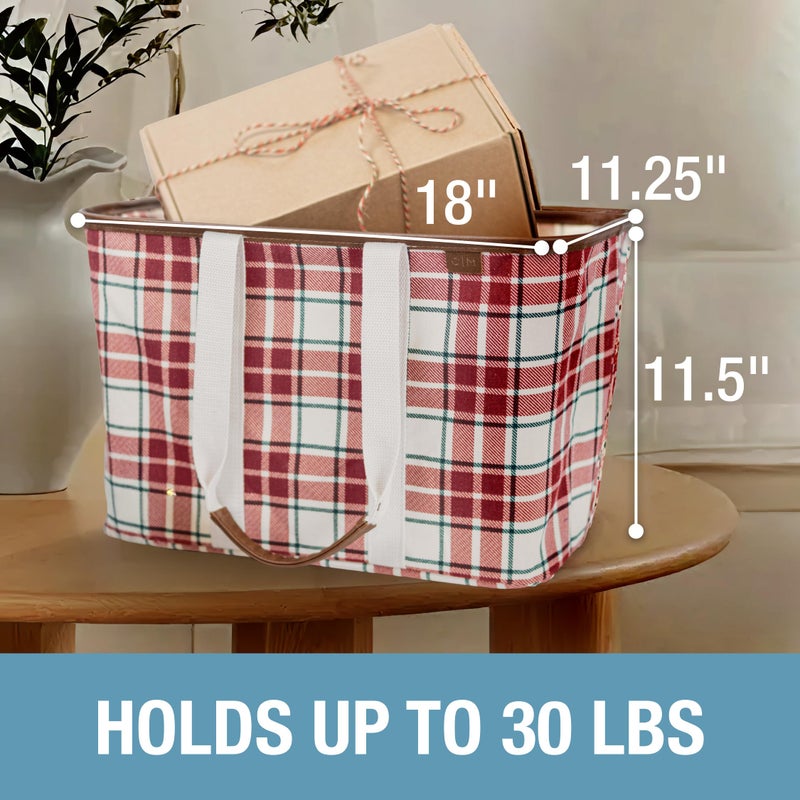 CleverMade Collapsible LUXE Tote 20L / 5 Gal, Pack of 1 Red & White Tartan Plaid Reusable Bag for Utility Grocery Shopping, Storage Organizer & Seasonal Presents, Soft-Carry Handles & Reinforced Base - Image 5