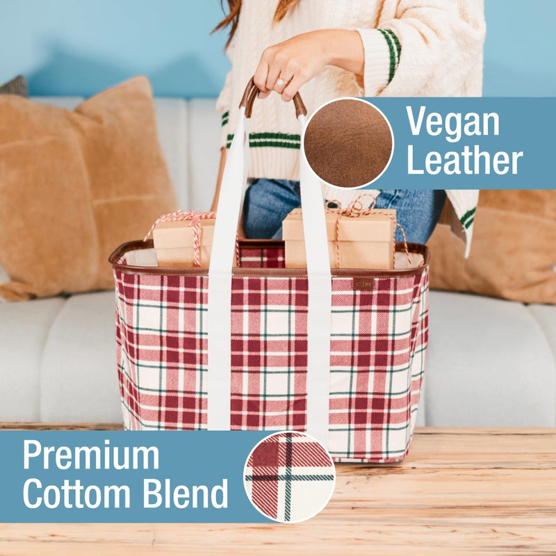 CleverMade Collapsible LUXE Tote 20L / 5 Gal, Pack of 1 Red & White Tartan Plaid Reusable Bag for Utility Grocery Shopping, Storage Organizer & Seasonal Presents, Soft-Carry Handles & Reinforced Base - Image 4