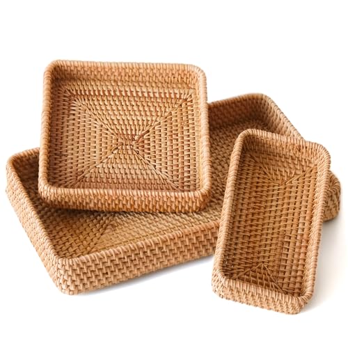 S310 Rattan Serving Tray, Rectangle Basket Set of 3, Wicker Storage and Organizing Baskets, Natural Decorative Woven Tray for Home Decor, Bathroom, Kitchen Counter - Image 1