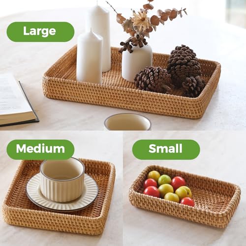 S310 Rattan Serving Tray, Rectangle Basket Set of 3, Wicker Storage and Organizing Baskets, Natural Decorative Woven Tray for Home Decor, Bathroom, Kitchen Counter - Image 3